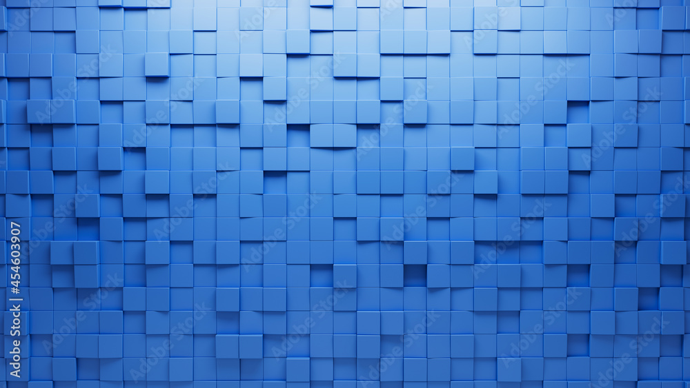 Square Tiles arranged to create a Semigloss wall. 3D, Blue Background formed from Futuristic blocks. 3D Render Square Tiles arranged to create a Semigloss wall. 3D, Blue Background formed from Futuristic blocks. 3D Render