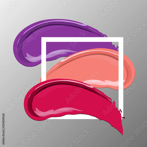 Collection of various Smears lipstick on white background. Beauty and cosmetics background. Use for advertising flyer, banner, leaflet. Template Vector.