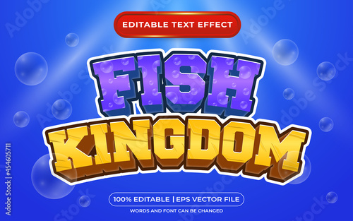 Editable text effect - fish kingdom 3d template on blue background