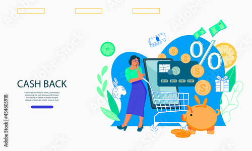 Website for money transfer or online payments, getting cashback and money savings economy. Landing page or web  banner template for bank operations online concept.