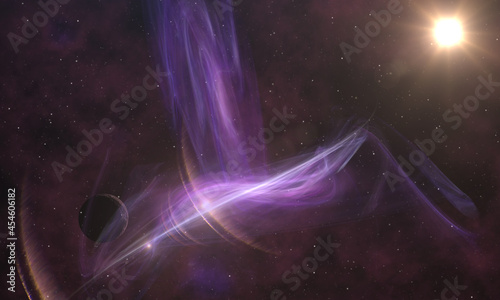 Interstellar travel through the starry space background, planets, sun and purple light galaxy. Abstract fantasy spacescape