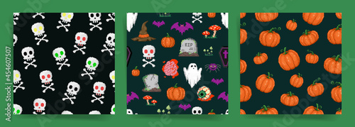 Pixel art halloween seamless pattern set. 8 bit gamer retro style repeatable backgrounds collection with scary stuff like skulls and bones, ghosts, grave, flesh and witch. Vector pixel art surface set