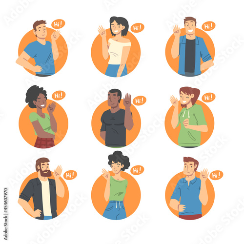 People Characters Saying Hello and Showing Hand Greeting Gesture Vector Illustration Set