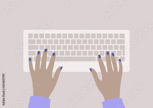 Hands typing on a keyboard, top view, daily office routine