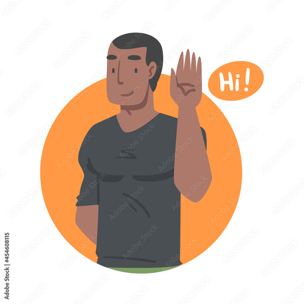 Young Man Saying Hello and Showing Hand Greeting Gesture Vector Illustration