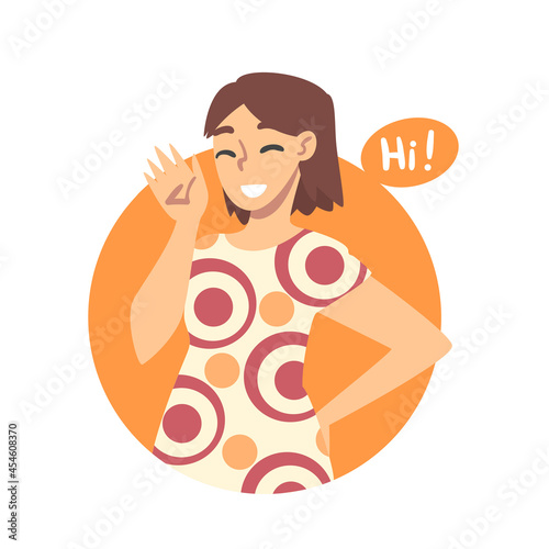 Young Woman Saying Hello and Showing Hand Greeting Gesture Vector Illustration
