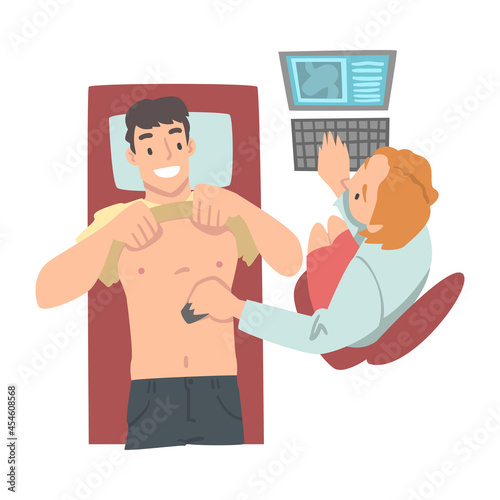 Medical Check-up with Female Doctor in White Coat Examining Patient with Ultrasonography Vector Illustration