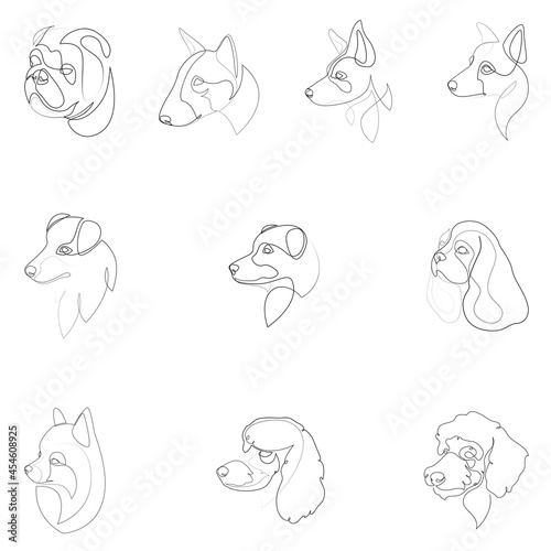 Set of hand drawn line art illustrations of dog characters portraits.