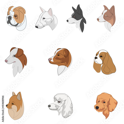 Set of hand drawn line art illustrations of dog characters portraits with colour.
