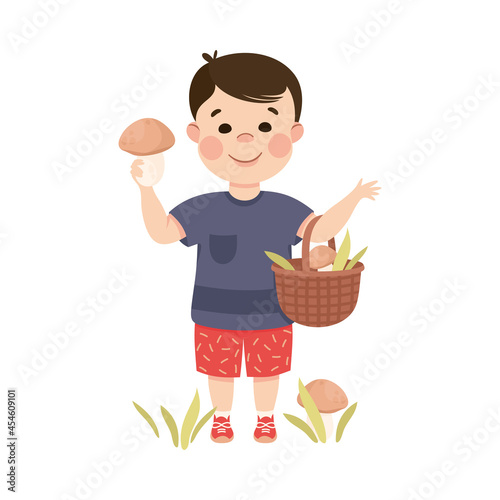 Little Boy in His Childhood Picking Mushrooms in Wicker Basket Vector Illustration