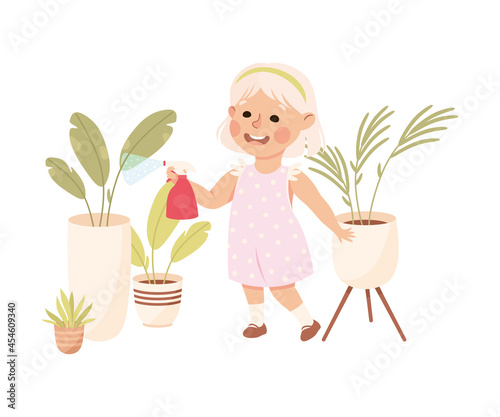 Little Blond Girl in Her Childhood Spraying Houseplant in Flowerpot with Water Vector Illustration