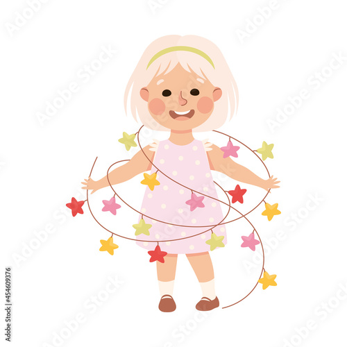 Little Blond Girl in Her Childhood Wrapped in Star Garland Laughing Vector Illustration