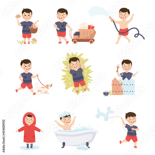 Little Boy in His Childhood Painting Fence, Walking the Dog and Picking Mushrooms Vector Set