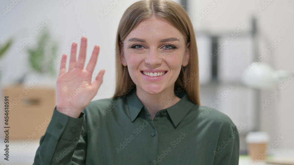 Young Woman Waving with hand, Welcoming
