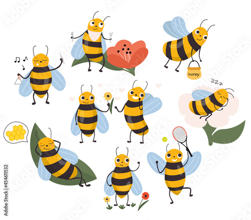 Vector set of cute yellow cartoon bees in different poses on a white background. Nature  animal  insect. Flat vintage illustration.