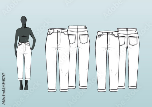 MOMMY JEANS, HIGH + REGULAR RISE. Fashion design technical  flat sketch template for product instructions. Easy to edit, front and back view.