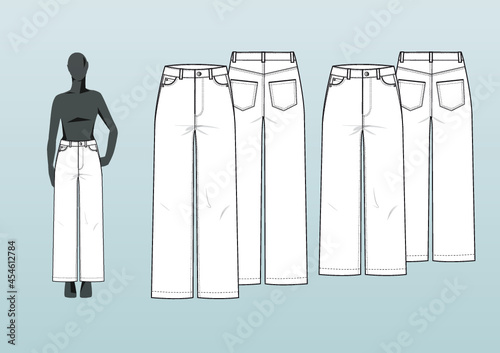 JEANS, WIDE LEG, HIGH RISE. Fashion design technical  flat sketch template for product instructions. Easy to edit, front and back view.