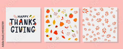 Hand drawn Happy Thanksgiving lettering typography poster. Celebration quotation for card, postcard, event icon logo or badge. Vector vintage autumn calligraphy. Grey Lettering with red maple leaves