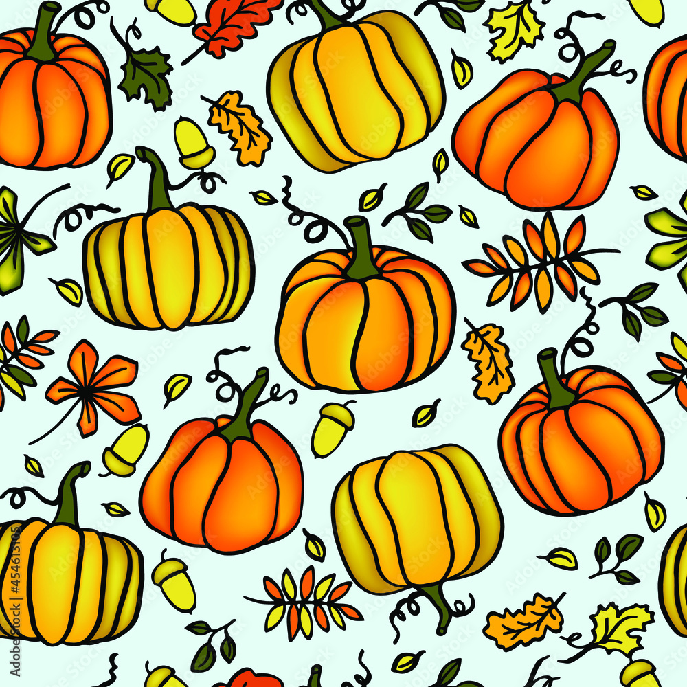 Pumpkin with autumn leaves  hand drawn ilustration for fall hollyday