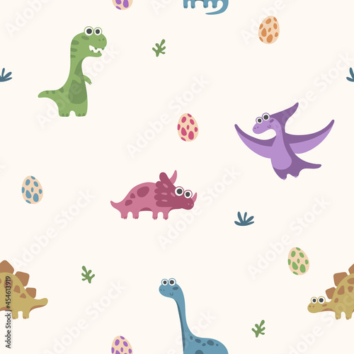 Seamless pattern with dinosaurus, dino, with grass, eggs on yellow background. Vector illustration, print for packaging, fabrics, wallpapers, textiles.