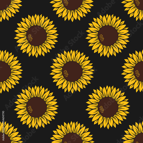 Vector pattern with yellow sunflowers on a yellow with leopard print on white background.