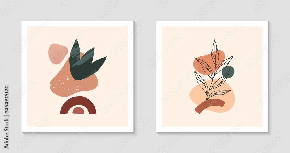 Set of modern abstract vector illustrations with organic various shapes and foliage line art.Boho watercolor wall art decor.Trendy artistic designs perfect for banners;social media,invitations,covers.