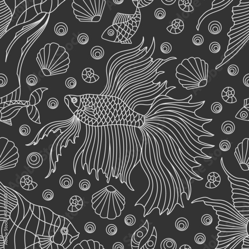 Seamless pattern on a marine theme with light contour fish and shells, outline fish on a dark background