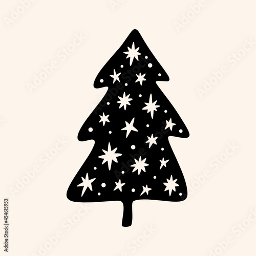 Christmas tree minimalist art print. Black and white design.