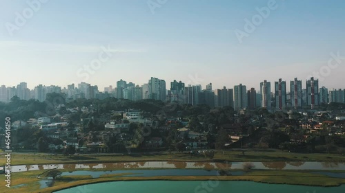 Parque Barigui skyline  shot above the lake drone aerial view, Curitiba, Paraná, Brazil photo