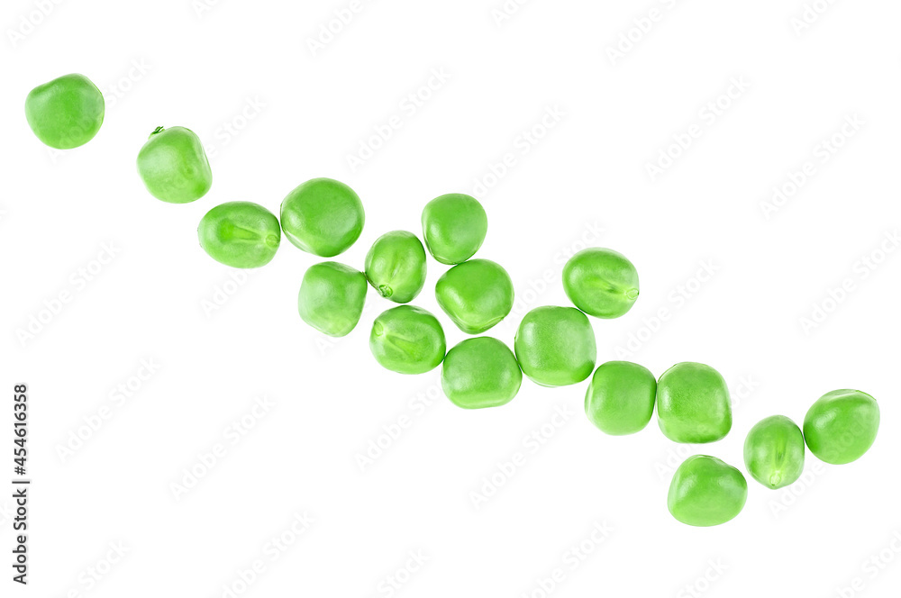 Pile of fresh green peas isolated on a white background, top view. Young green peas.
