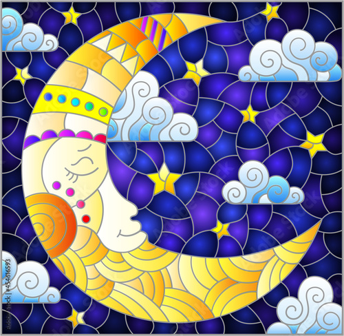 Illustration in stained glass style with moon on cloudy sky background, horizontal orientation
