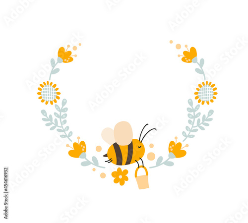 character of cute kids bee honey with flower wreath on the in flat vector scandinavian style. Baby illustation frame of bee for content, greeting card, graphic, etc