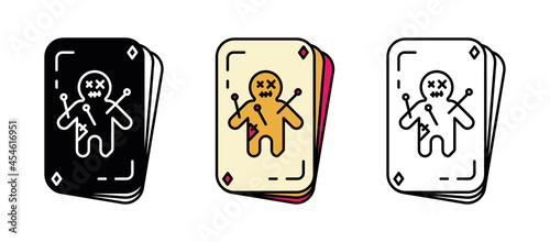 Doll on playing card. Cursed rag doll. Set for Halloween concept. Set of colored and silhouette linear icons.