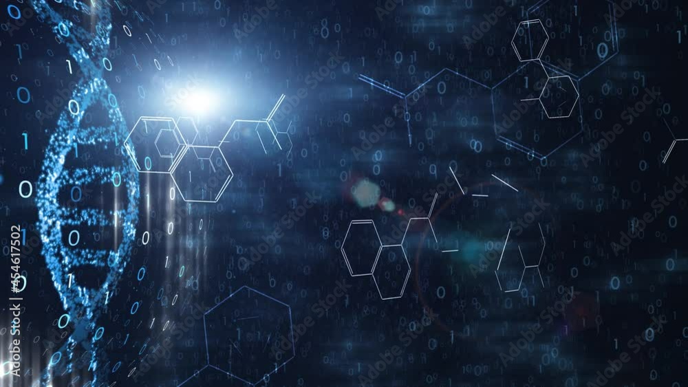 Modern shining abstract chemical molecules with dna chain and binary numbers code animation copy space blue background