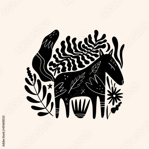 Foxe woodland animal drawing in ornate rural folk scandinavian style.