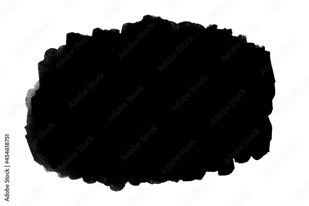 Black watercolor stain from brush strokes isolated on white background.