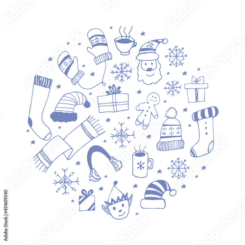 New Year's illustration. Winter attributes are arranged in a circle. Santa, mittens, hats, snowflakes, gifts. Hand-drawn, doodle. Design of posters, postcards, holiday decorations, stickers, prints.