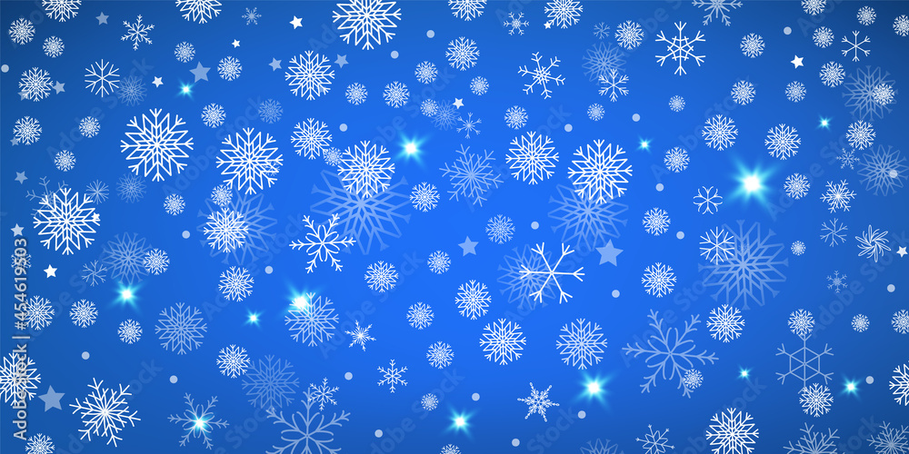 Fototapeta premium Snowfall Isolated on Holiday Blue Background in Realistic Style. Snowflake Wallpaper. Vector Illustration..