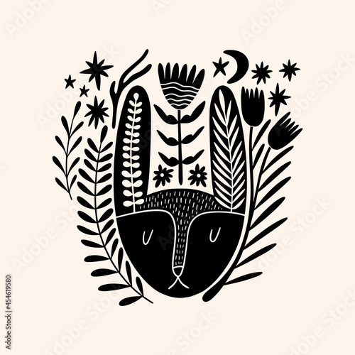 Hare or bunny woodland animal drawing in ornate rural folk scandinavian style.