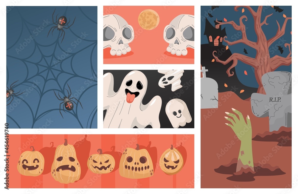 Set of Halloween party illustrations. Ugly scary pumpkin heads, ghosts, human skulls vector flat cartoon illustration. Web with spiders and outdoor scene with gravestones and zombie hand.