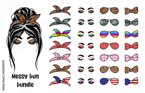 woman face with messy hair in a bun and long eyelashes. Mom life cutfile. vector illustration