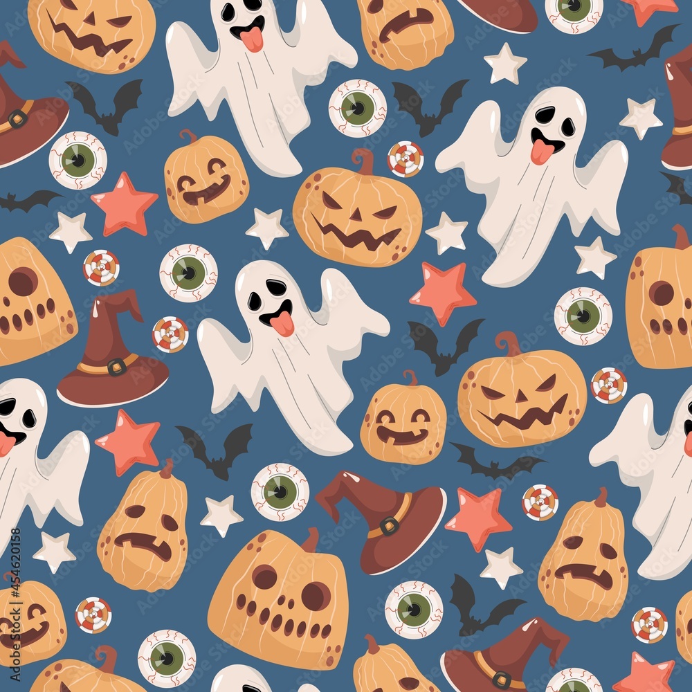 Halloween seamless pattern. Scary ghosts, witch hats, stars, bats, candies, human eyes, and pumpkins isolated on blue background. Trick or treat Halloween party vector flat cartoon backdrop. Halloween seamless pattern. Scary ghosts, witch hats, stars, bats, candies, human eyes, and pumpkins isolated on blue background. Trick or treat Halloween party vector flat cartoon backdrop.