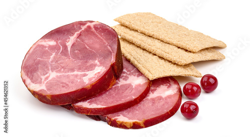 Smoked pork ham, isolated on white background.