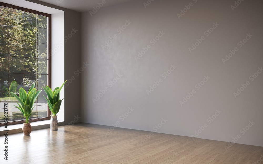 Fototapeta premium Interior with decorative indoor plants on empty wall background, 3D illustration, cg render
