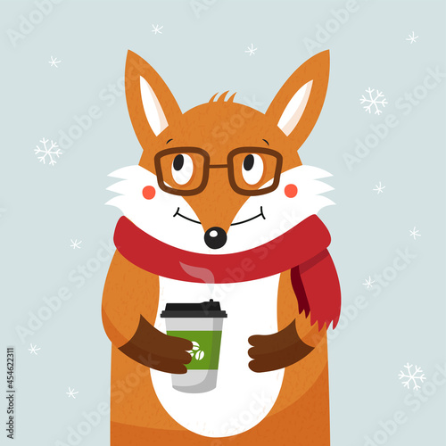 Cute hipster fox with glasses and a scarf. Fox drinks coffee in winter. 