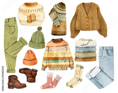 Watercolor autumn stylish clothing set on white background