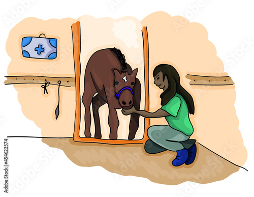 Colored vector illustration - a girl with curious foal