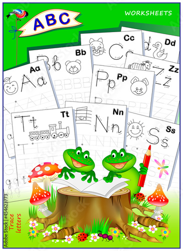 Cover for kids school workbook with exercises. Learn to trace alphabet letters. Back to school. ABC book with educational pages on line for children. Printable worksheets for textbook.