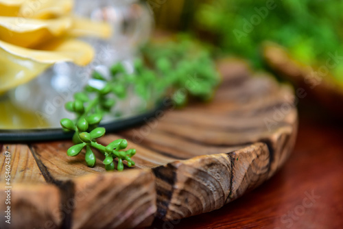 fresh herbs on wooden tray 