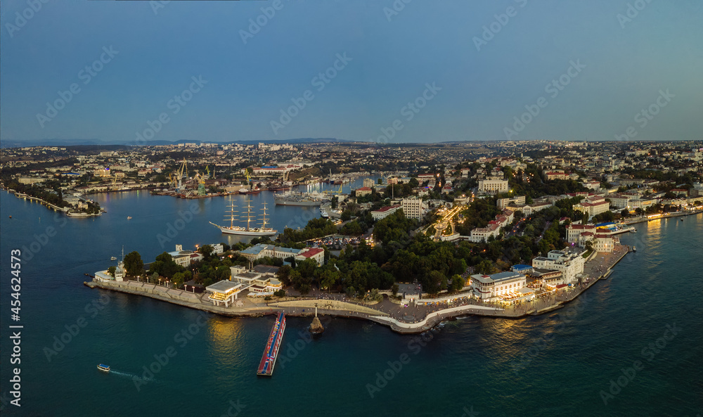 Evening Sevastopol panorama, aerial view of the Sevastopol bay and embankment